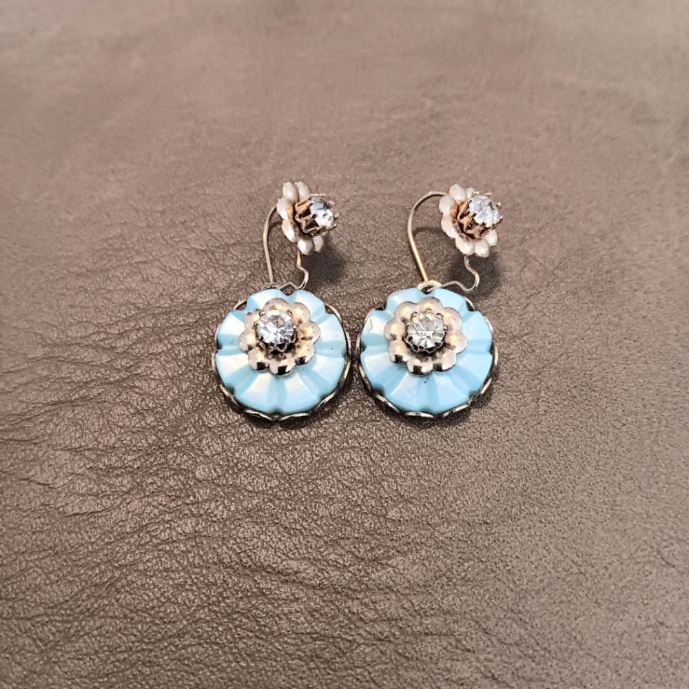 Vintage Blue Floral Button Earrings Rhinestone Drop Earrings - Picture 1 of 4